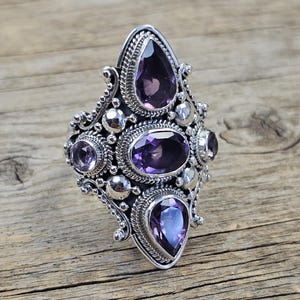 Massiver 925 Sterling Silber Amethyst Statement Ring - Großer Schwerer Handwerker Ring - Vintage Boho Edelstein Schmuck