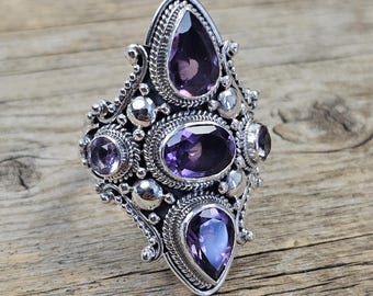 Five Amethyst cluster Ring, 925 sterling silver ring, Boho jewelry, Amethyst Ring, Amethyst jewelry,  Large Ring
