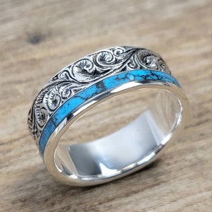 5mm Turquoise Floral Band Ring, 925 sterling zilveren ring, turquoise ring, unisex ring, zilveren ring