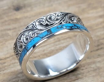 5mm Turquoise Floral Band Ring, 925 sterling silver ring, turquoise ring, unisex ring, silver ring
