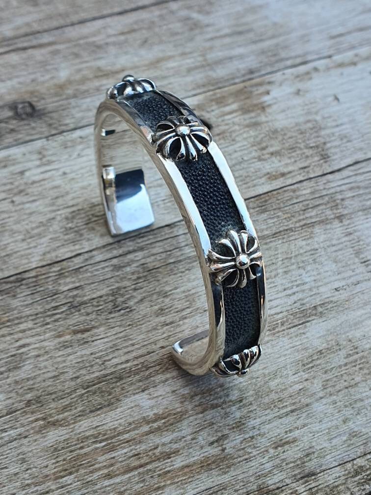 Leather Chrome Cross Cuff Bangle,925 Sterling Silver Bangle