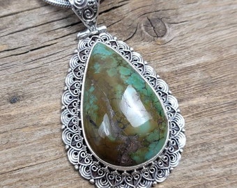 Teardrop Turquoise Filigree Boho Pendant, 925 sterling silver pendant, turquoise pendant necklace, boho jewelry