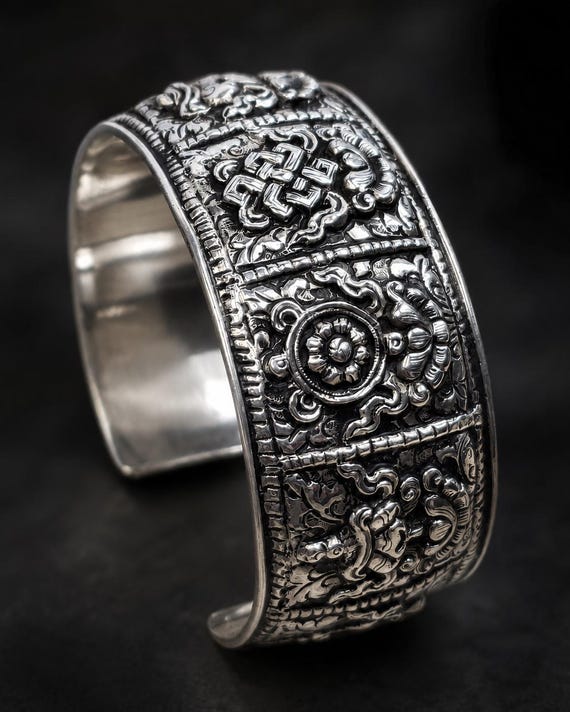 Sterling Silver Eight Auspicious Symbols Cuff Bracelet, 26mm Wide