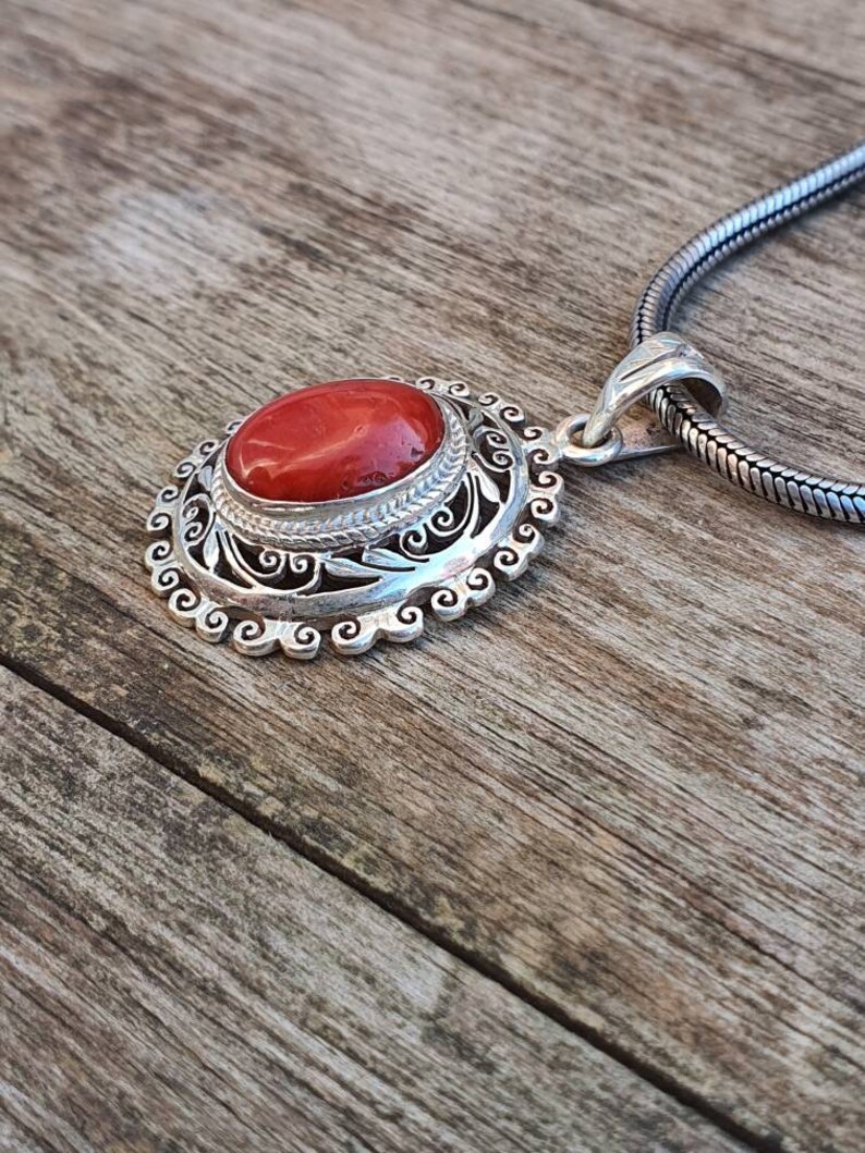 Natural Italian Coral Floral Bezel Pendant 925 sterling silver