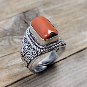 Natural Italian Coral Filigree Boho Ring, 925 sterling silver ring, Coral ring, Coral jewelry, gift for her