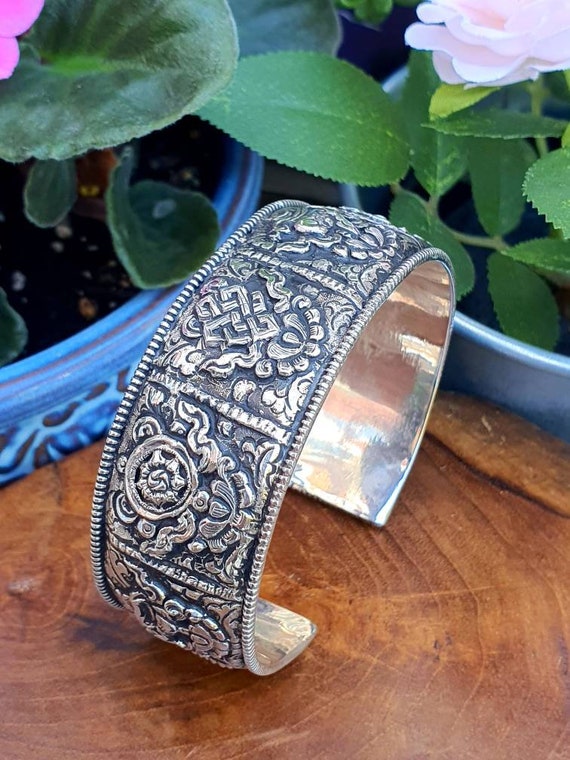 Silver Tibetan Cuff Bracelet | Buddhist Mantra with Intricate Scrollwo –  Lhasa Artisan Brand
