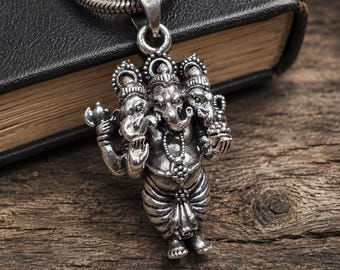 Solid Sterling Silver 3 Head Ganesha Pendant, Heavy Ganesh Pendant Charm, Hindu Elephant God Jewelry, Handmade Spiritual Protection Amulet