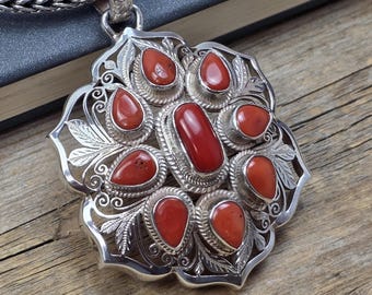 Italian Coral Pendant Sterling Silver 925, Red Coral Statement Pendant, Handcrafted Vintage Style Silver Jewelry, Boho Gemstone Pendant