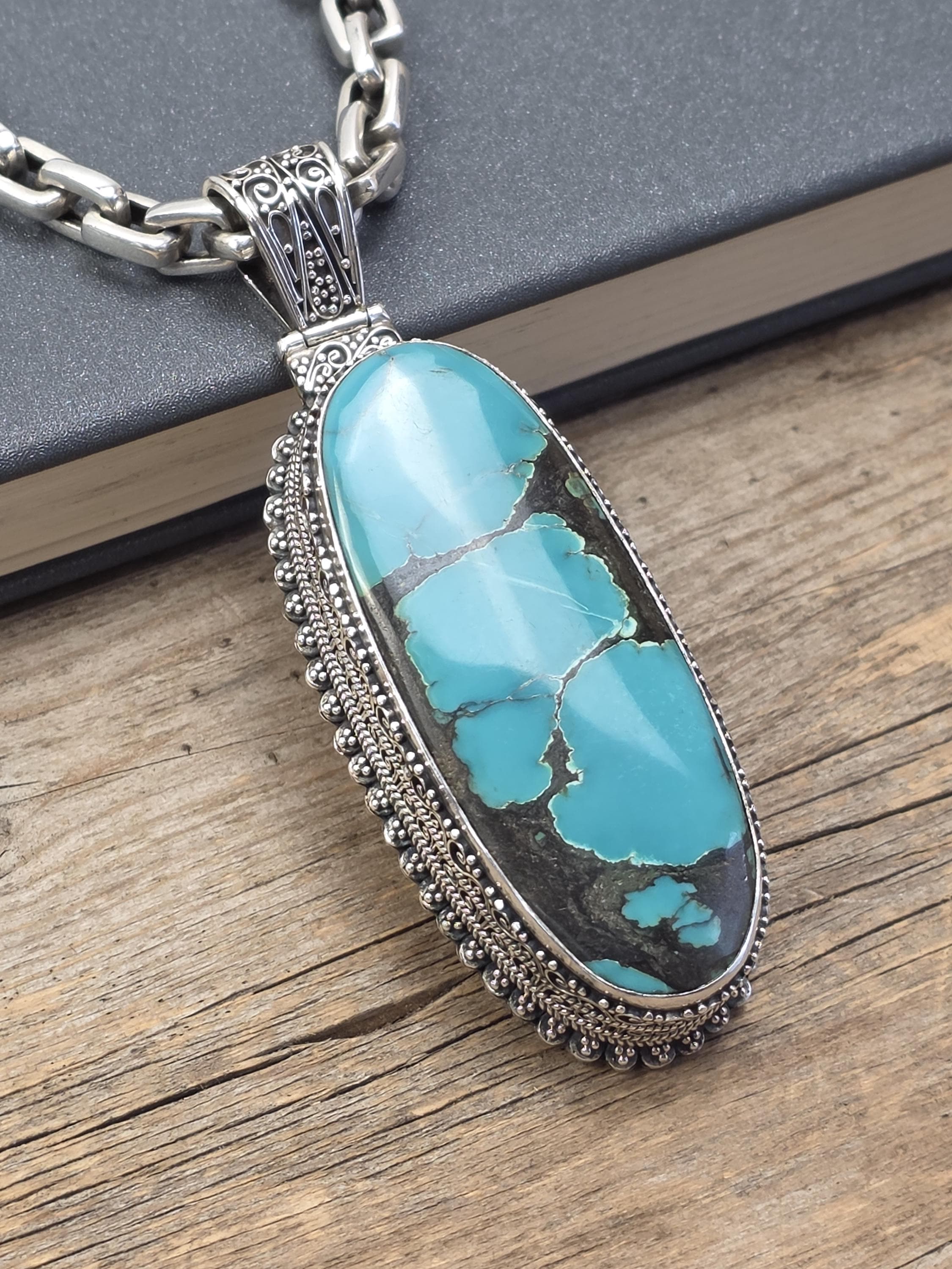 925 Sterling Silver Turquoise Pendant | Large Natural Turquoise