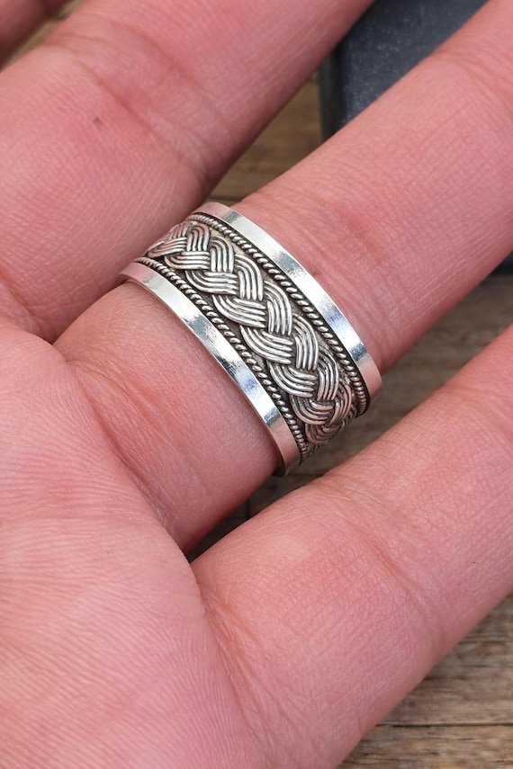 10mm Solid Sterling Silver Braided Ring, Wide Band Braided Thumb
