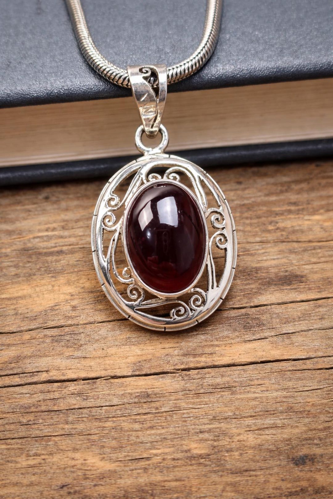 Sterling Silver Garnet Pendant | Oval Red Gemstone Cabochon