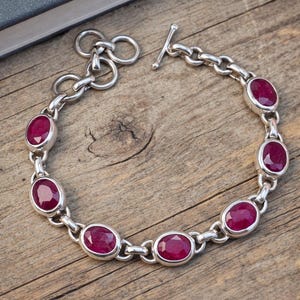 925 Sterling Silver Ruby Bracelet, Oval Ruby Link Bracelet, Handmade Artisan Red Gemstone Jewelry, Elegant Silver Bracelet