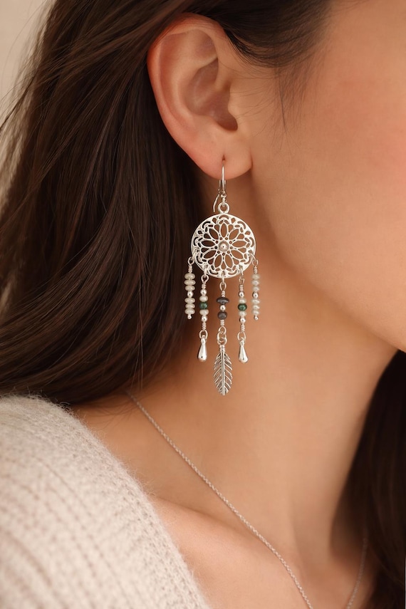 Orecchini acchiappasogni in argento sterling - Gioielli pendenti con piume Boho - Italia