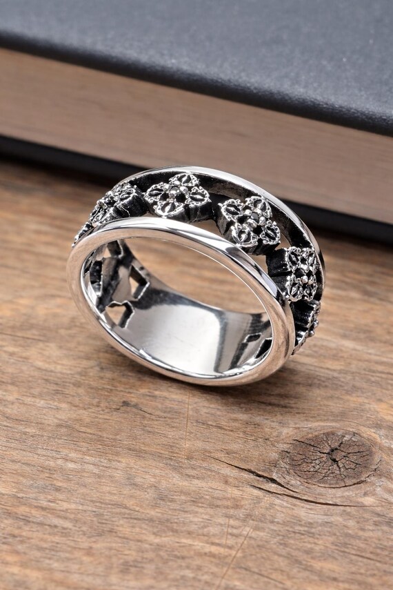 925 Sterling Silver 10mm Vajra Ring With Black Spinel | Dorje Band