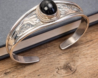 Black Star Sterling Silver Open Cuff Bracelet, Black Star Cuff Bracelet,  Vintage Style Black Gemstone Bracelet, Boho Gothic Jewelry Gift