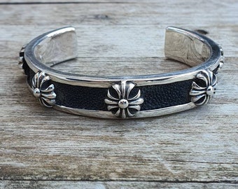 アクセサリー VINTAGE Silver Studs Leather Bangle Vintage Chunky Sterling Silver Adjustable Bangle - Etsy Israel