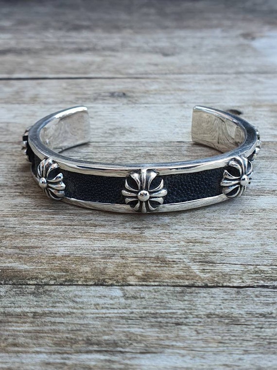Leather Chrome Cross Cuff Bangle,925 Sterling Silver Bangle
