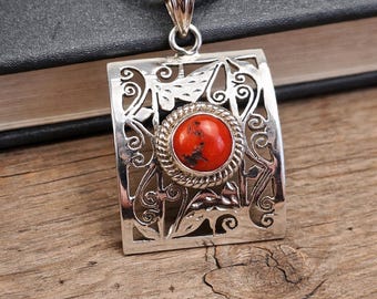 Sterling Silver Coral Pendant, Tibetan Style Red Coral Necklace Charm, Handmade Silver Statement Jewelry