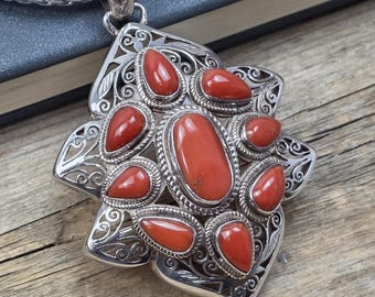 Italian Coral Sterling Silver Pendant, Large Statement Coral Pendant, Ornate Filigree Silver Jewelry, One of a Kind Artisan Pendant