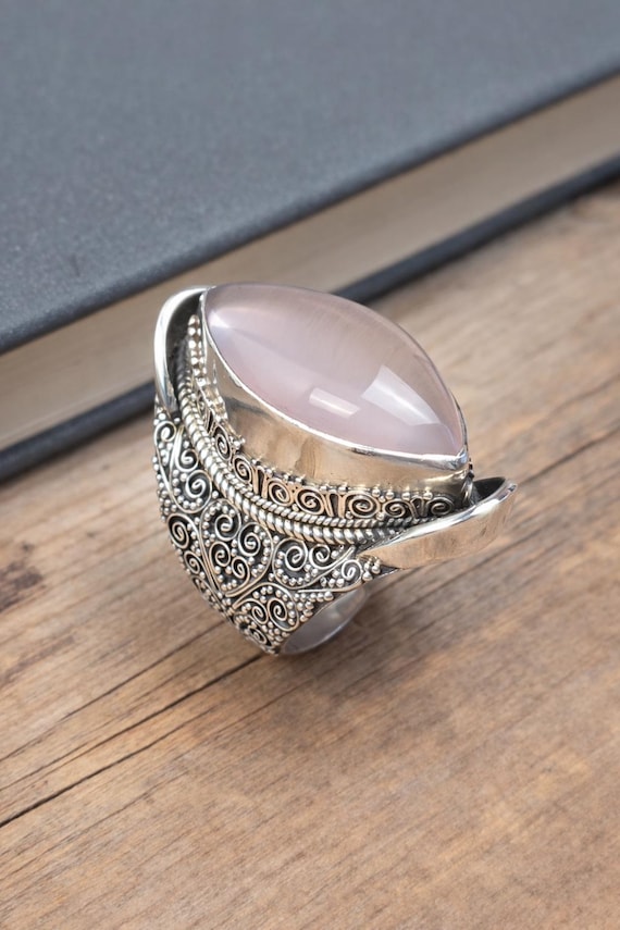 Rose Quartz Ring, Solid Heavy Sterling Silver Adjustable Ring