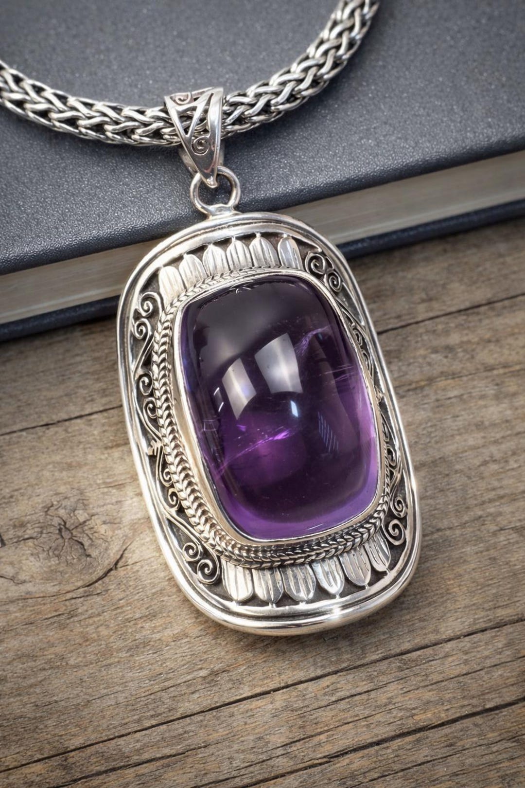Large Cabochon Amethyst Saddle Pendant, 925 Sterling Silver