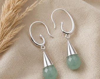Pendientes de jade natural, pendientes colgantes de plata de ley 925, pendientes de lágrima de jade verde, joyería minimalista con piedras preciosas.