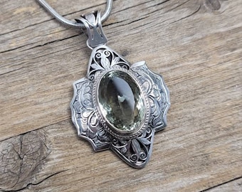 Green Amethyst Pendant , 925 sterling silver pendant, green amethyst jewelry, unisex jewelry, large pendant, silver jewelry
