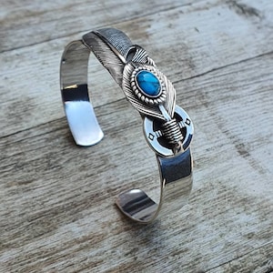 10 mm Turquoise Native eagle Feather Cuff bangle ,925 sterling silver bangle, Native jewelry design