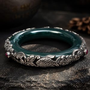 Sterling Silver Green Onyx Ruby Bangle, 14mm Thick Gemstone Bracelet, Fish Floral Silver Cuff, 2.5 Inch Artisan Bangle Gift