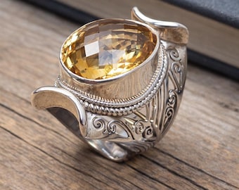 Anello con citrino in argento sterling, anello vistoso con citrino di grandi dimensioni, anello con gemma in argento 925, anello da cocktail artigianale in stile boho, pietra portafortuna di novembre