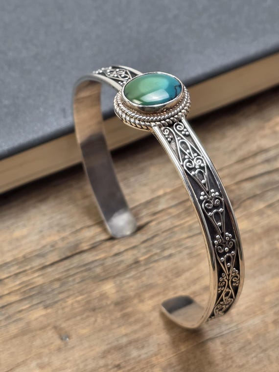 Manchette Style Bohème en Argent 925 avec Turquoise Bleue et