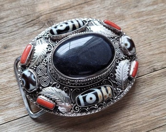 Black Onyx, Italian Coral & Dzi Belt Buckle, 925 sterling silver belt buckle, Silver Buckle, Large buckle, Onyx jewelry