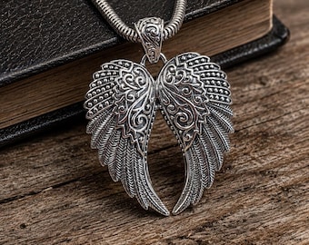 Sterling Silver Angel Wings Pendant , Solid 925 Silver Wing Charm, Ornate Guardian Angel Jewelry, Boho Gothic Memorial Gift for Her