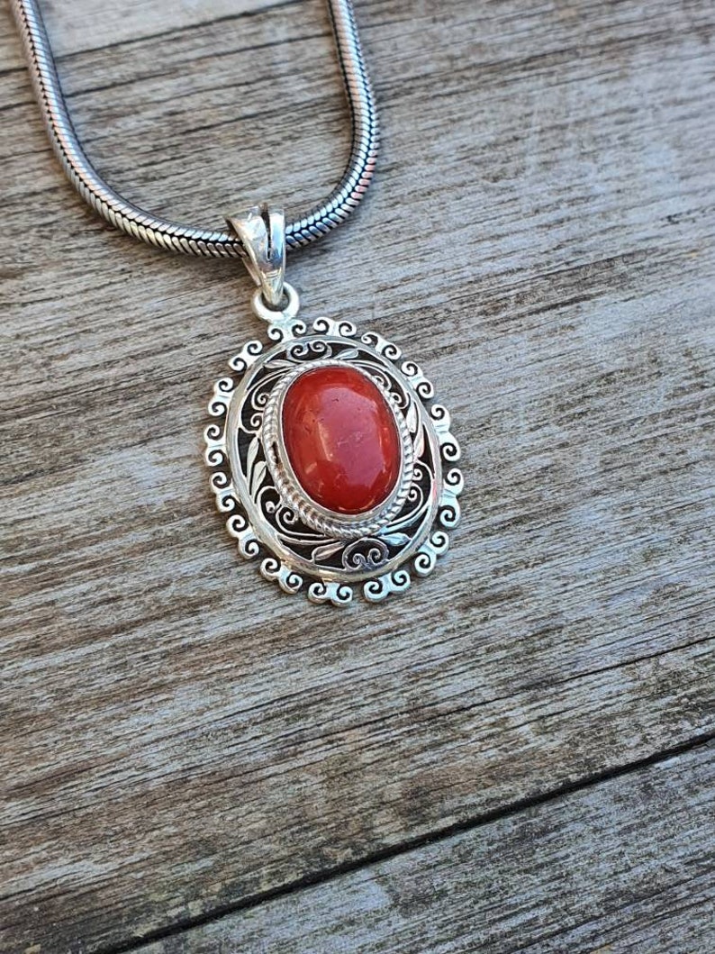 Natural Italian Coral Floral Bezel Pendant 925 sterling silver