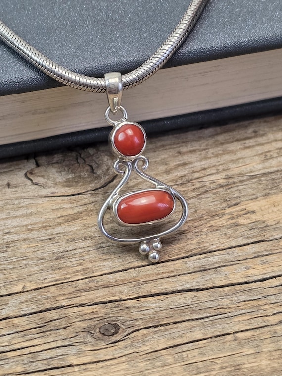 Natural Italian Red Coral Pendant 925 Sterling Silver | Handmade Double Coral Necklace | Artisan Boho Silver Jewelry