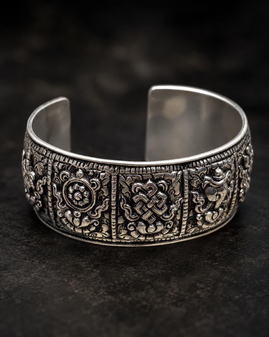 Sterling Silver Eight Auspicious Symbols Cuff Bracelet, 26mm Wide 