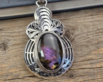 Purple Labradorite Pendant Necklace, Sterling Silver Statement Pendant, Boho Gemstone Jewelry, Handmade Artisan Pendant, Gift for Her