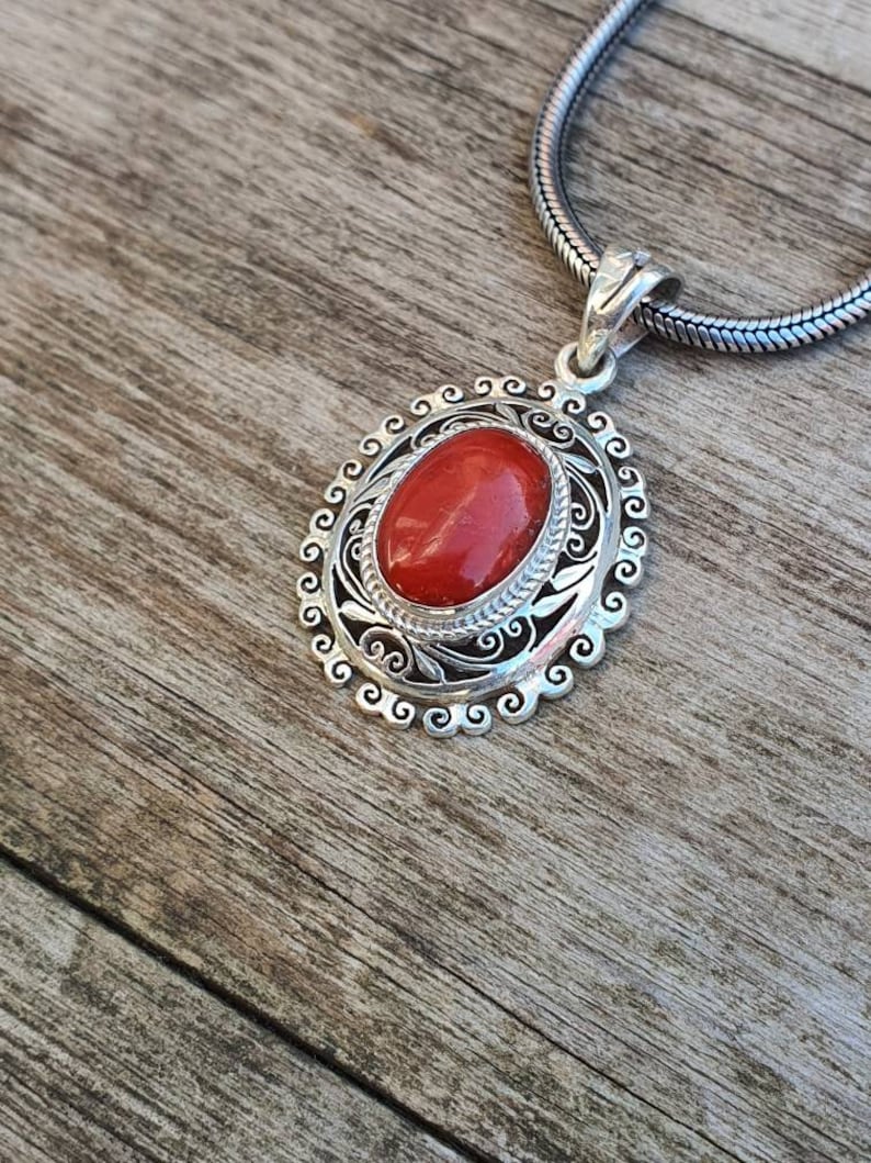 Natural Italian Coral Floral Bezel Pendant 925 sterling silver
