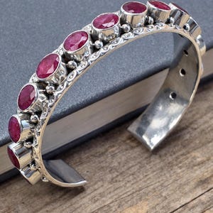 925 Sterling Silver Ruby Cuff Bracelet | 12mm Natural Ruby Adjustable Cuff | Handmade Silver Statement Bracelet | Boho Artisan Jewelry