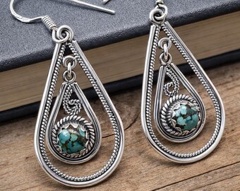 Orecchini a goccia in turchese, orecchini pendenti in argento sterling per lei, gioielli con pietre preziose boho, regalo con pietra portafortuna di dicembre, pendenti minimalisti
