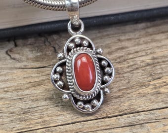 Red Coral Pendant • 925 Sterling Silver Handmade Necklace • Natural Italian Oval Coral Gemstone • Boho Artisan Silver Jewelry