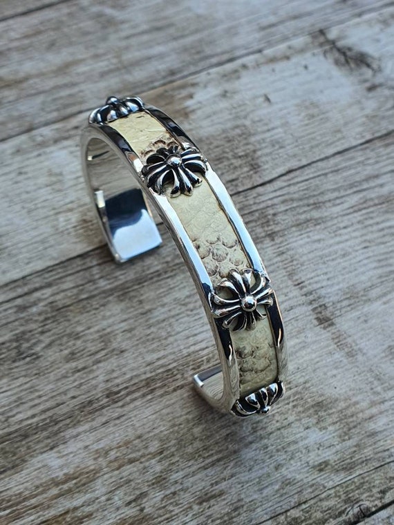 Leather Chrome Cross Cuff Bangle,925 Sterling Silver Bangle