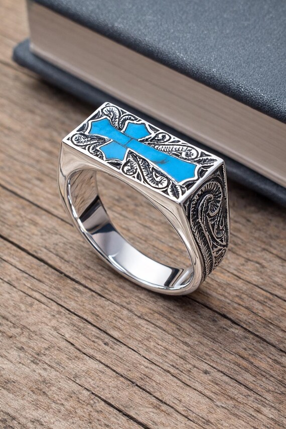 Solid 925 Sterling Silver 8mm Turquoise Cross Signet Ring, Western