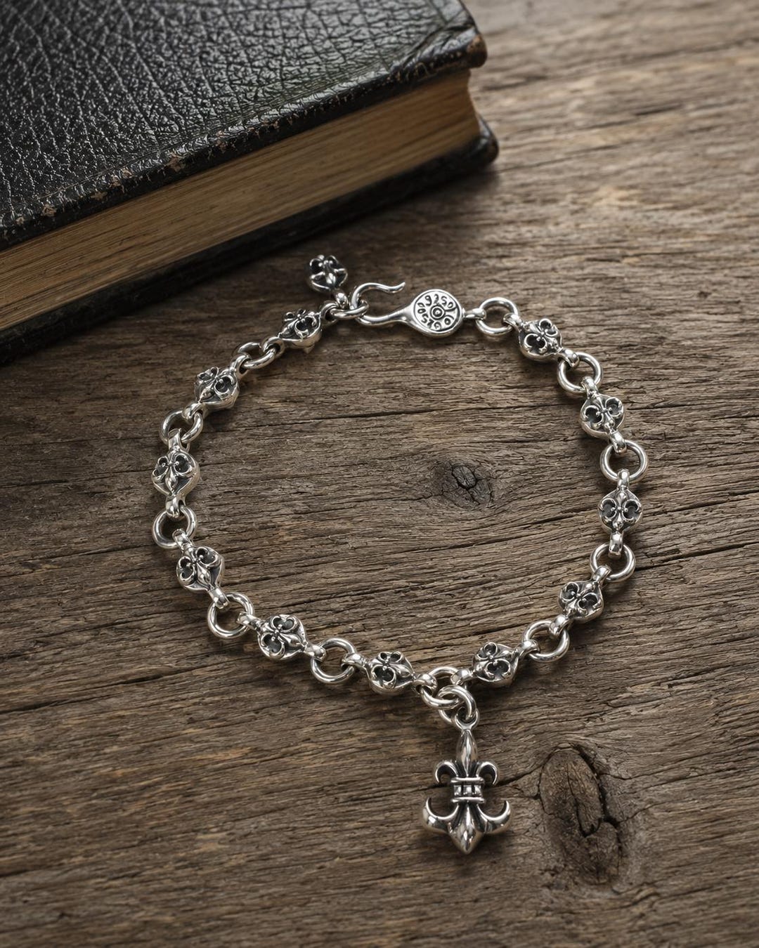Solid Sterling Silver Fleur De Lis Bracelet, Gothic Floral Link