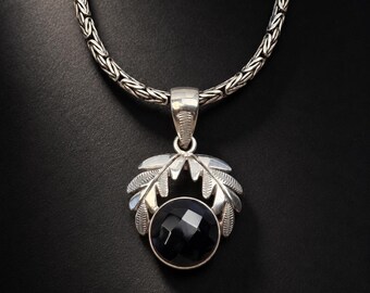 Black Onyx Pendant Sterling Silver, Botanical Leaf Pendant, Faceted Black Gemstone Pendant, Boho Silver Jewelry, Gothic Onyx Pendant