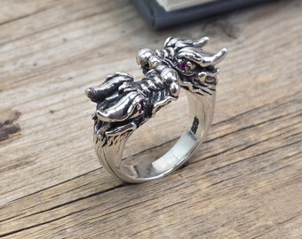Double Head Dragon Ringwith Ruby Eye, 925 Sterling Silver Ring