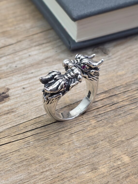 Double Head Dragon Ringwith Ruby Eye, 925 Sterling Silver Ring
