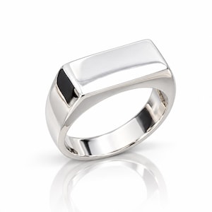 Könnte beinhalten: Ein polierter Siegelring in Silberoptik mit einer glatten, rechteckigen, flachen Oberseite und einer massiven, breiten Ringschiene. Das Metall hat eine stark reflektierende Oberfläche, die helle Glanzlichter und tiefe Schatten erzeugt.