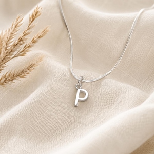 Könnte beinhalten: Eine silberfarbene Halskette mit einem kleinen Anhänger in Form des Buchstabens "P". Der Anhänger hängt an einer filigranen Kette. Die Halskette wird auf einem cremefarbenen Stoff präsentiert, mit getrockneten Weizenähren im Hintergrund.