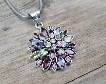 Colorful Multi-stone Flower Pendant, 925 sterling silver, Citrine, Peridot, Amethyst & Garnet